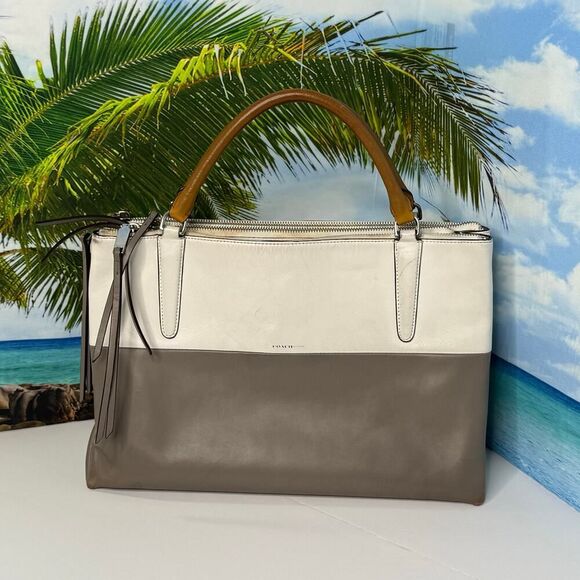 Coach 32502 Borough Bag in Two-Tone Leather Gray White Handbag Purse Briefcase - Picture 2 of 15